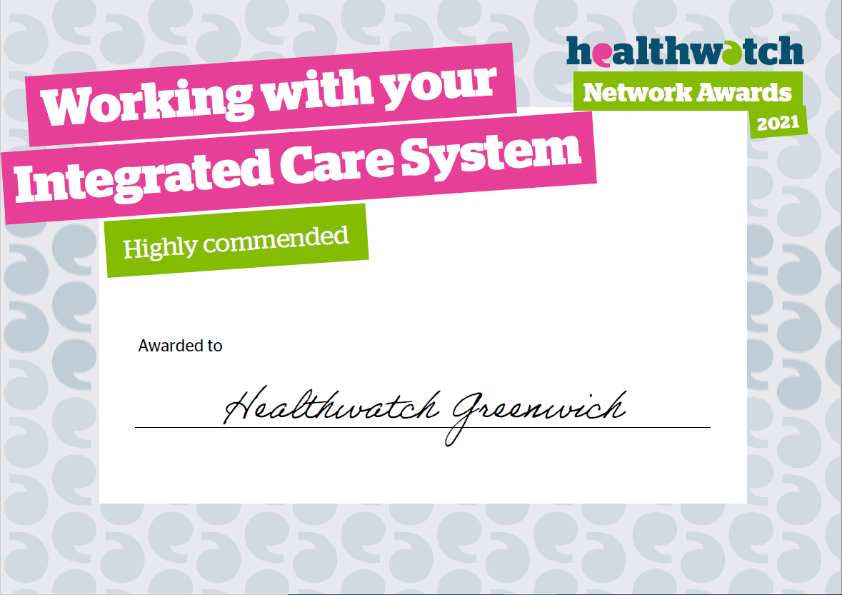 Healthwatch Greenwich wins commendation for prestigious award
