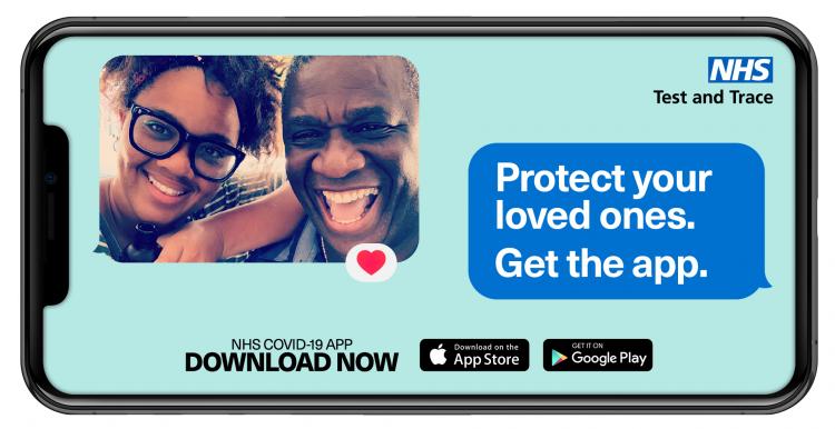 Image of a smartphone screen. the left corner has a selfie of an older man with a younger woman, both smiling at the camera. The upper right corner has the NHS test and trace logo and a speech bubble "Protect your loved ones. Get the App"