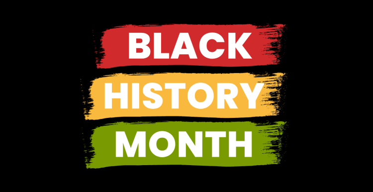 A graphic which says, "Black History Month" on a black background. Each word for Black History Month written on a green, yellow and red stripe.