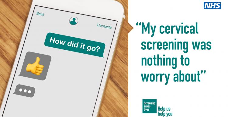 text with mobile phone notification reads 'my cervical screening was nothing to worry about'