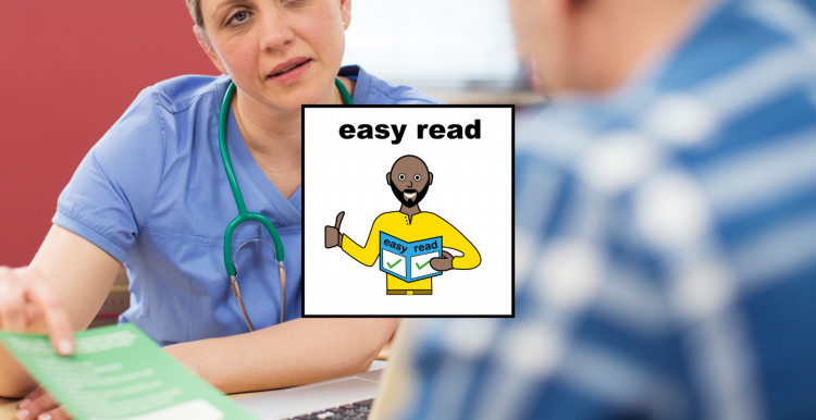 A female doctor with a patient with an Easy Read graphic