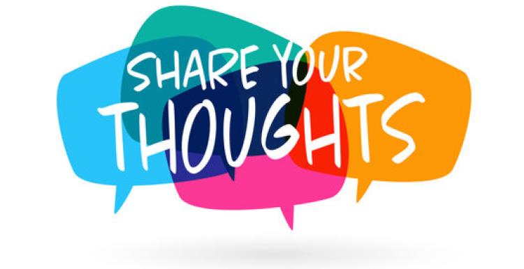 an image of colourful speech bubbles with the words "share your thoughts" 