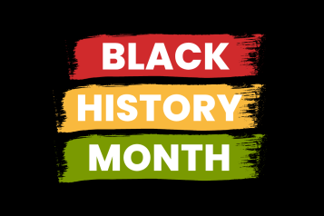 A graphic which says, "Black History Month" on a black background. Each word for Black History Month written on a green, yellow and red stripe.