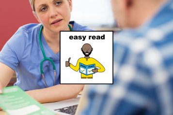 A female doctor with a patient with an Easy Read graphic