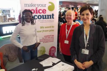 Our engagement manager, Kiki, with two volunteers, Pamela and Morgan at the Greenwich Health event.