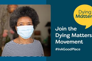 Woman with facemask, graphic with 'join the Dying Matters movement' text