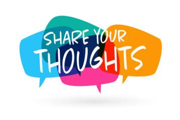 an image of colourful speech bubbles with the words "share your thoughts" 