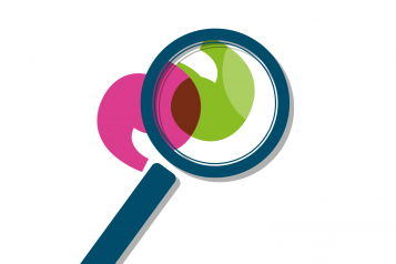 Graphic image of a magnifying glass over a green and pink quotation mark