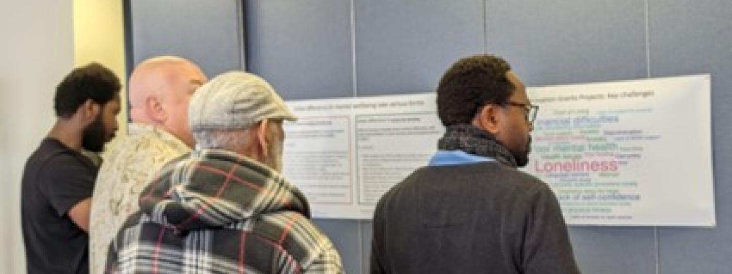 Men reading sign on wall