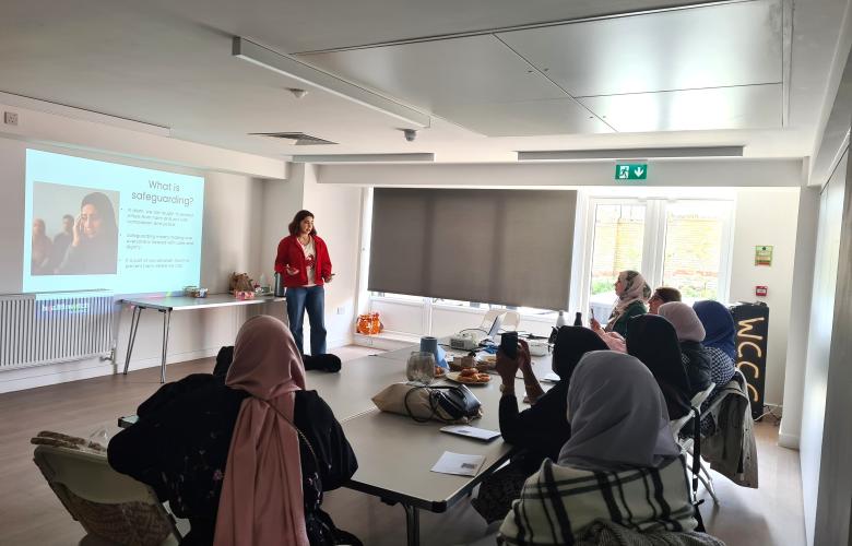 Healthwatch Greenwich representative delivering an "awareness of abuse" session with a local group supporting Muslim women.