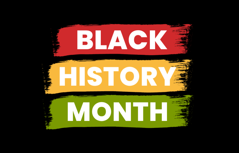 A graphic which says, "Black History Month" on a black background. Each word for Black History Month written on a green, yellow and red stripe.