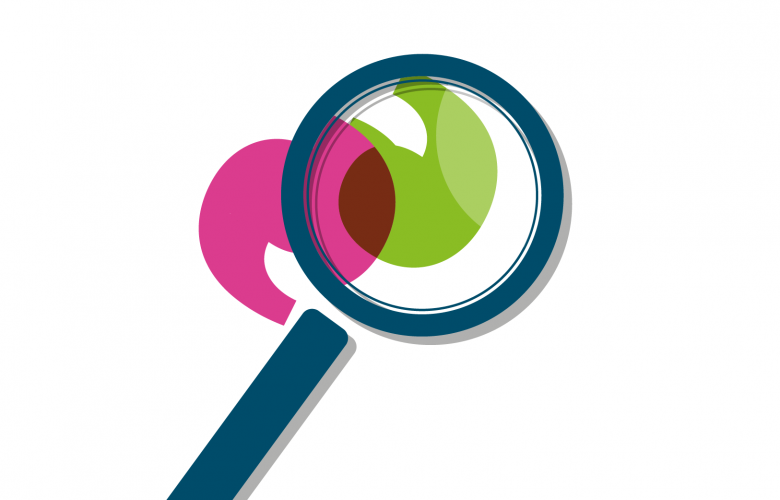 Graphic image of a magnifying glass over a green and pink quotation mark