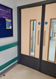 Ward 19 entrance door and welcome sign, Queen Elizabeth Hospital