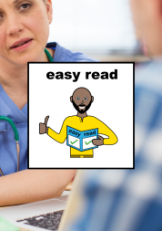 A female doctor with a patient with an Easy Read graphic